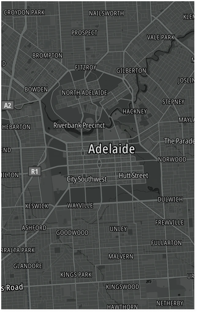 A Google Map of Adelaide, Australia, showing roads and streets in bright colours