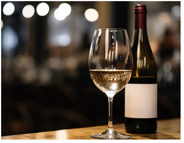 A bottle of wine and a full glass on a wooden bar table against a backdrop of dim lights